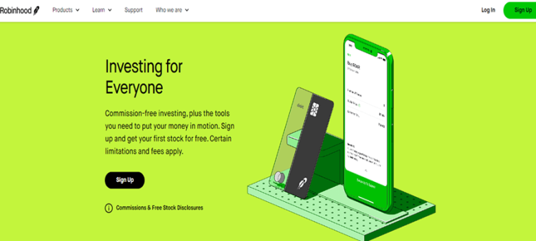 Robinhood Robinhood’s website promoting commission-free investing for everyone, including easy access to financial tools and investing in stocks.