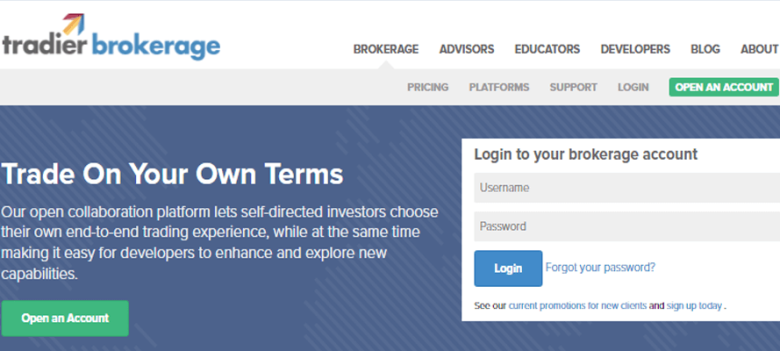 Tradier Tradier brokerage's website showcasing self-directed investing options, letting investors customize their trading experience.