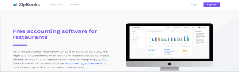 Zipbooks A dashboard interface displaying charts and financial data for restaurant management, showing accounting and performance insights on a desktop screen.