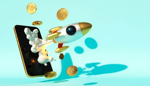 Investing in cryptocurrency startup 3d rocket blasting off from a smartphone with floating crypto coins, representing mobile innovation and potential to invest in crypto start-ups.