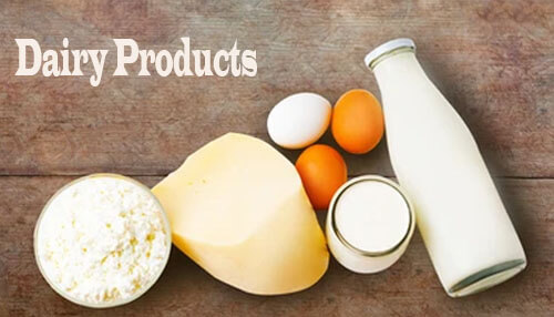 Dairy Products Delivery Assorted dairy products like milk, cheese, and eggs arranged on a wooden surface with the label ‘Dairy Products.’