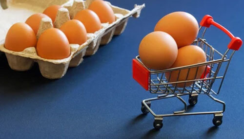 Egg Delivery Eggs placed in a miniature shopping cart and carton, representing online grocery and food delivery business.