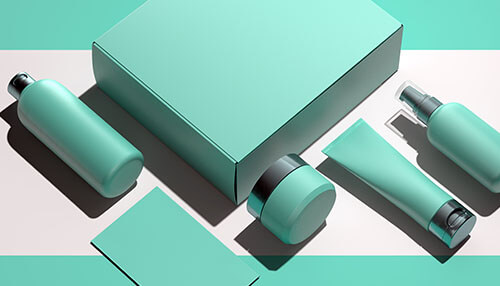 Identify the right color A collection of mint-colored retail packaging for beauty products, including bottles, tubes, and boxes, highlighting premium cosmetic packaging design
