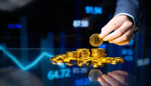Investing in crypto Investing in crypto shown by a trader placing a bitcoin coin onto stacked cryptocurrencies with a glowing market chart in the background, highlighting the risks and rewards of crypto investing.