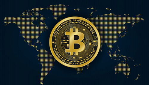 Planning to invest in the crypto world A large, detailed gold bitcoin digital currency coin positioned over a dark blue background with a dotted golden world map, symbolizing the global reach of cryptocurrencies.