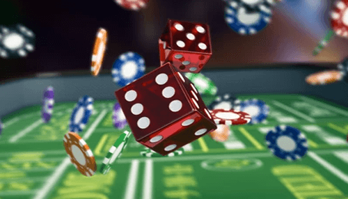 Wide range of bets Casino dice and colorful chips in mid-air, representing an exciting moment in a casino dice game.