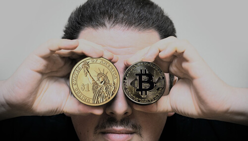 5 important bitcoin trading concepts Person holding two physical bitcoin coins over their eyes, symbolizing cautious decision-making and disciplined bitcoin trading without hype.