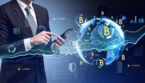 Averaging costs in dollars Invest in bitcoins shown through a global cryptocurrency investment concept, with a professional analyzing bitcoin data and digital market trends worldwide.