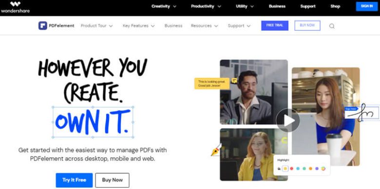 Compare pdf with pdfelement- tycoonstory | tycoonstory media Screenshot of the wondershare pdfelement website with the tagline'However you create, own it.' The page promotes managing PDFs across desktop, mobile, and web with options to try or buy the software.