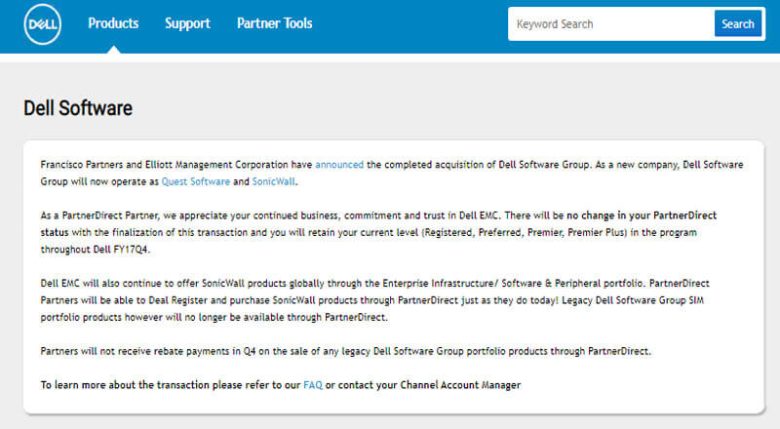Dell Software webpage focusing on software acquisition updates and enterprise solutions. Dell Software's update regarding its acquisition by Francisco Partners and Elliott Management, and the transition to Quest Software