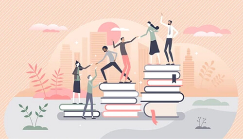 Study method Teaching study method concept illustrated by students collaborating on stacked books, symbolizing guided learning, knowledge sharing, and effective teaching strategies.