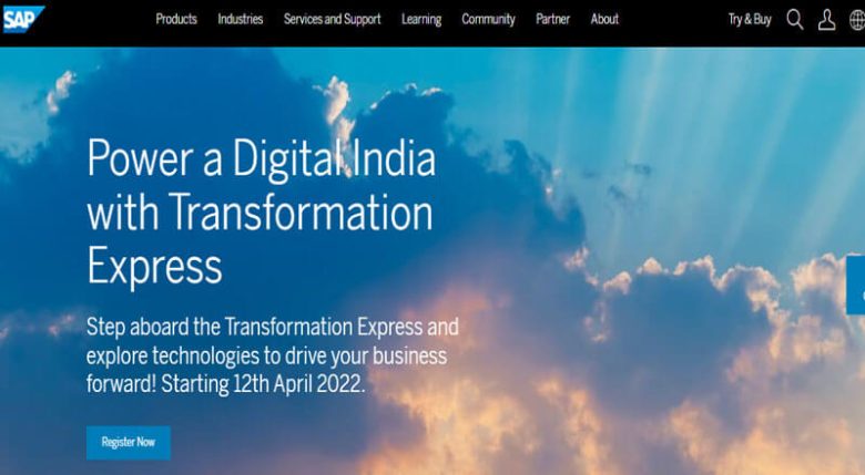 SAP webpage displaying digital transformation solutions and enterprise software offerings SAP's campaign for digital transformation in India, promoting their Transformation Express initiative