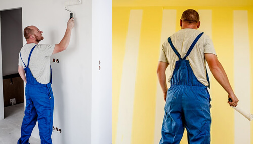 Difference between painters and decorators Professional painters and decorators painting interior walls in a modern home