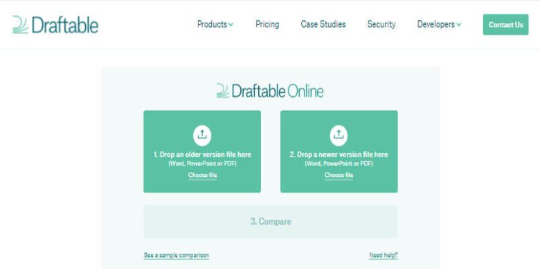 Draftable - tycoonstory | tycoonstory media Screenshot of the drafttable online interface, showing options to upload older and newer file versions (word, powerpoint, or pdf) for comparison. "