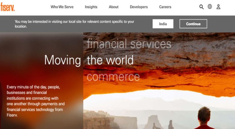 Fiserv homepage promoting financial services and digital banking solutions. Fiserv's website showcasing financial services technology, connecting businesses and financial institutions globally.