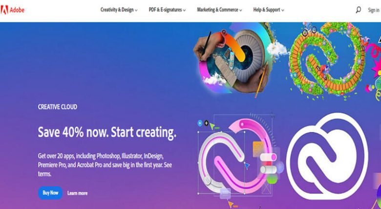 Adobe homepage featuring creative software tools like Photoshop, Illustrator, and InDesign. Adobe's Creative Cloud, offering over 20 apps including Photoshop, Illustrator, and Premiere Pro at a 40% discount