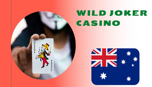 Online casino games A hand holding a joker card, representing wild joker casino and online gambling in australia, with the australian flag in the background