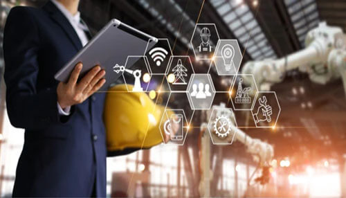 Developing industry Real estate technology concept showing a professional using a tablet with smart building, automation, and industrial property icons.