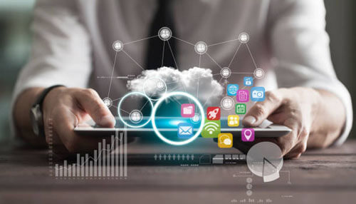 Strategies of marketing promotion Concept of startup digital transformation with a businessman and a tablet, icons of cloud computing, and data-driven graphics.