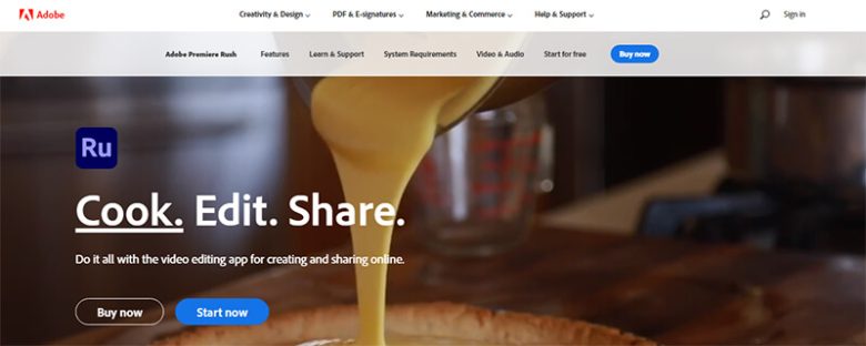 Adobe premiere rush video editor featuring a seamless user interface for editing and sharing videos online. Adobe premiere rush webpage promoting easy-to-use video editing software for creators.
