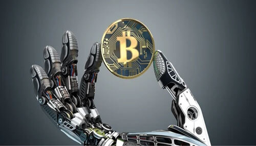 Sustainability of bitcoin robots Bitqs bitcoin trading robot concept showing a robotic hand holding a digital bitcoin coin, representing automated crypto trading and sustainability technology.