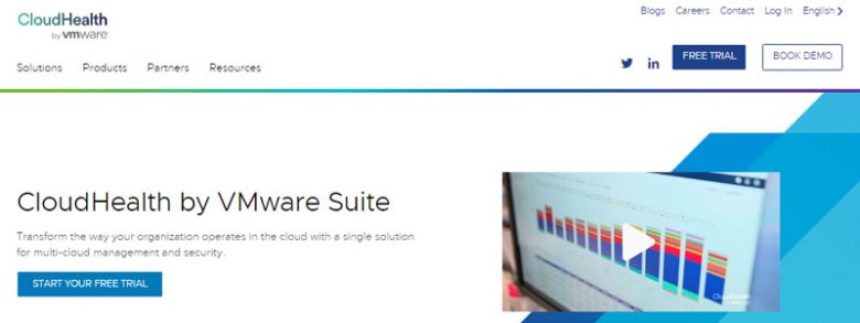 Cloudhealth by vmware suite homepage showcasing cloud management solutions with a free trial button and demo video Cloudhealth cloud management software