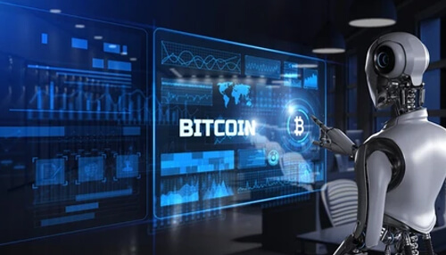 Automated trading A robot interacting with a digital display showing bitcoin and cryptocurrency charts, representing the role of automated trading systems in cryptocurrency markets.