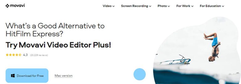Hitfilm express video editor interface, highlighting the alternative for professional-grade video editing. Movavi video editor plus homepage offering an alternative video editing software option for creators.