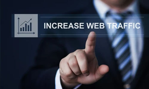 Increased website traffic Business professional interacting with a digital display showcasing strategies to increase web traffic, emphasizing blogging's role in boosting site visits.