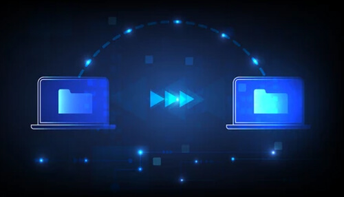 Migration design A digital illustration showing the transfer of files between two laptops, symbolizing data migration.
