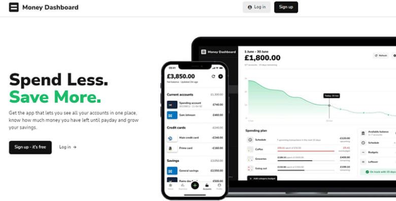 Money dashboard financial software enabling users to track their accounts, spending, and savings. Money dashboard financial management software