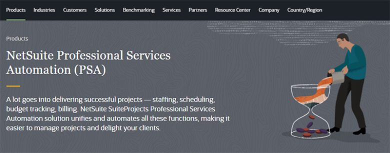 Netsuite professional services automation (psa) interface showcasing staffing, scheduling, budget tracking, and billing features for efficient project management Netsuite s psa expenditure streamline business