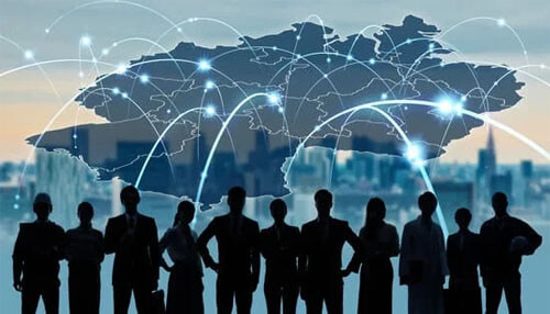 Build your network Startup networking concept showing a group of professionals connected by global digital links, illustrating how a startup builds strong networks for growth and collaboration.