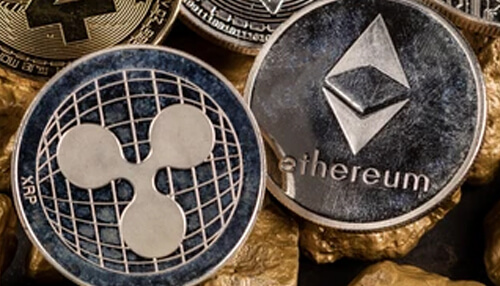 Ethereum vs. Ripple Close-up of ethereum and ripple cryptocurrency coins, showcasing the symbols of ethereum and xrp on a golden background.