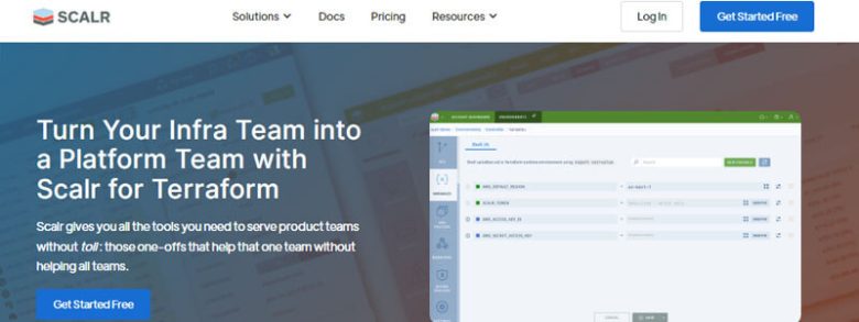 Scalr for terraform homepage promoting infrastructure team transformation with cloud platform solutions and a free trial button Scalr cloud management software