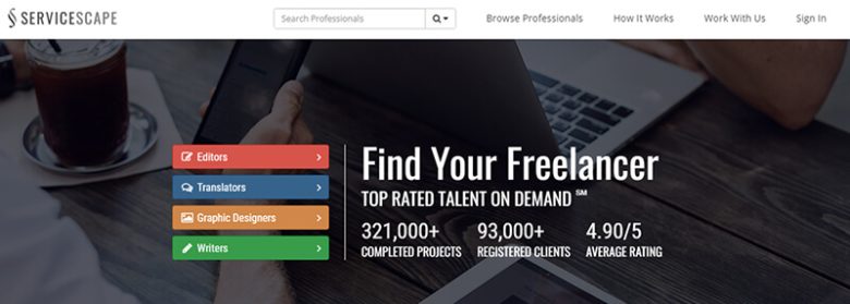 Servicescape freelancing platform showcasing top-rated freelancers for editors, translators, graphic designers, and writers. Servicescape freelancing website