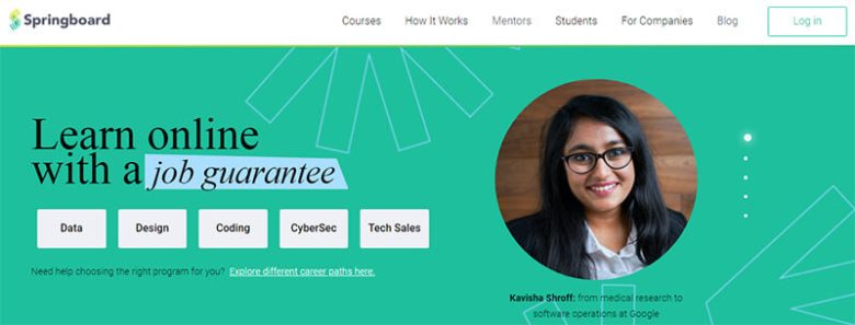 Springboard online learning platform offering courses in data, design, coding, cybersecurity, and tech sales with a job guarantee Springboards startups