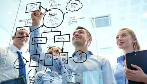 Mind mapping techniques Business professionals standing behind a glass board drawing diagrams and flowcharts, demonstrating collaborative mind mapping techniques for strategic planning and problem solving.
