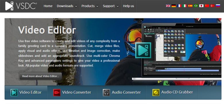 Vsdc video editor interface showcasing features like video editing, audio conversion, and color correction. Vsdc video editor webpage showing free non-linear video editing software for editing and converting videos.