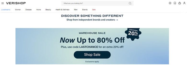 Verishop e-commerce platform showcasing independent brands with up to 80% off in warehouse sale Verishop startup