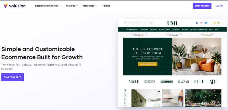 Volusion website promoting customizable ecommerce solutions for business growth. Volusion
