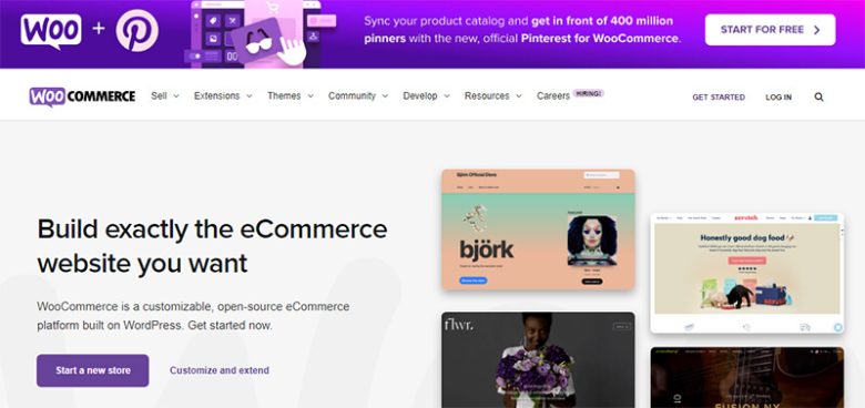Screenshot of woocommerce website promoting customizable ecommerce website creation. Woocommerce digital commerce plugin