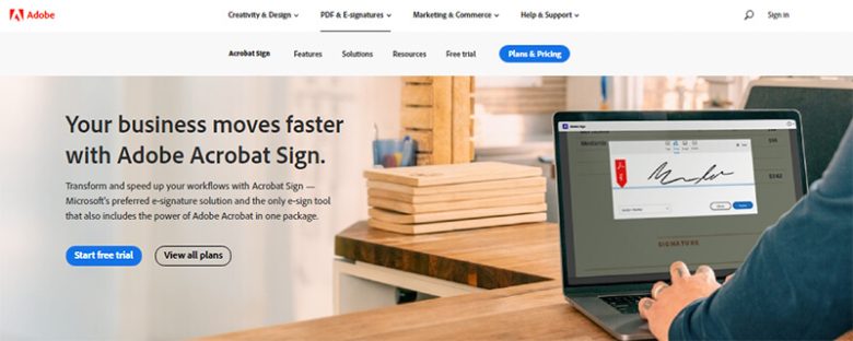 Adobe acrobat sign homepage promoting e-signature solutions to streamline business workflows and document signing Adobe sign salesforce integrations