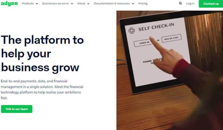 Adyen Adyen platform homepage; business growth through end-to-end payments, data, and financial management