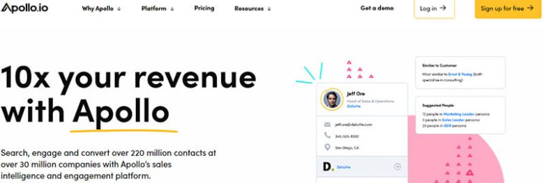 Sales engagement platforms Apollo. Io homepage with their offering of a sales engagement platform. Enticing message:'10x your revenue.