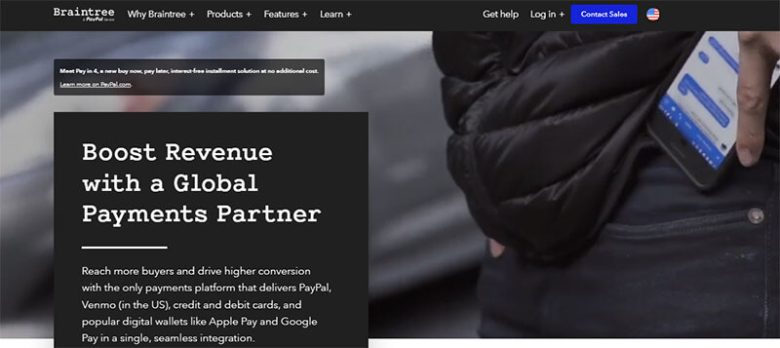 Braintree Braintree homepage: highlighting the solution of global payments integrated with paypal, credit card processing, and digital wallets