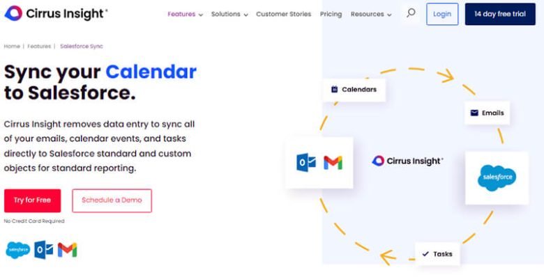Cirrus insight homepage showcasing calendar synchronization with salesforce integrations of emails, calendar events, and tasks Cirrus insight salesforce integrations