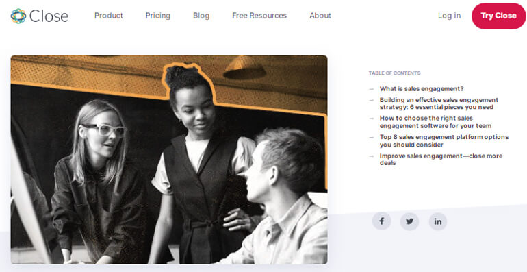 Close - tycoonstory | tycoonstory media Close homepage with sales engagement tools and team collaboration image, depicting effective outreach strategies.