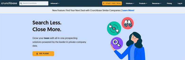 Crunchbase homepage emphasizing lead research and prospecting solutions for sales teams, with a focus on closing deals efficiently Crunchbase salesforce integrations