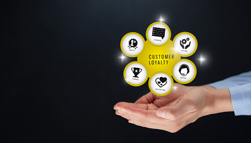 Business ethics Business ethics concept illustrated by a hand holding customer loyalty icons, representing trust, transparency, and ethical business practices that build long-term customer relationships.